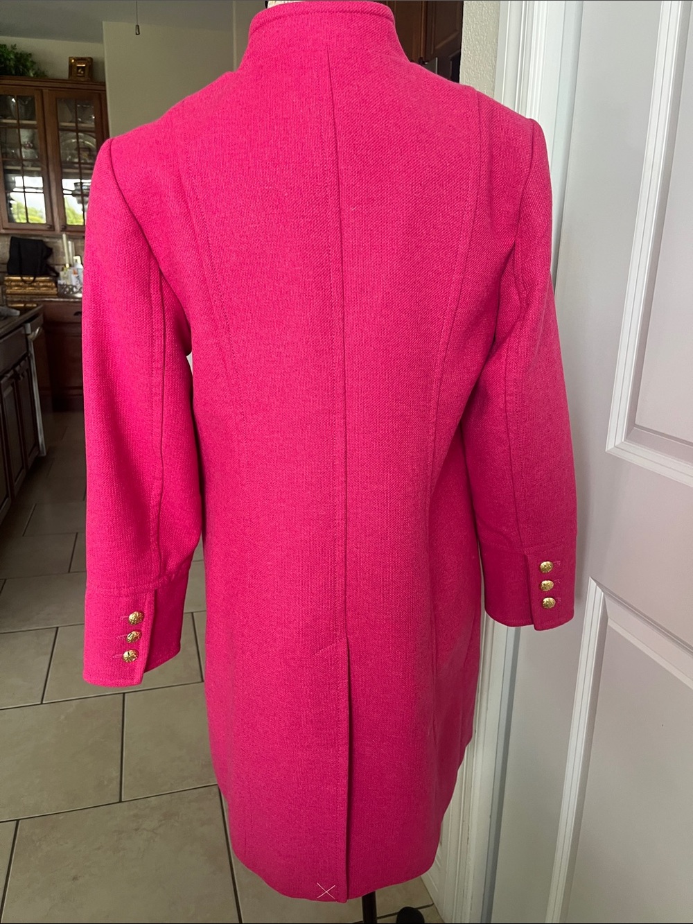 NWT Talbots bright pink wool blend, structured pea coat gold buttons 8P - Picture 6 of 11